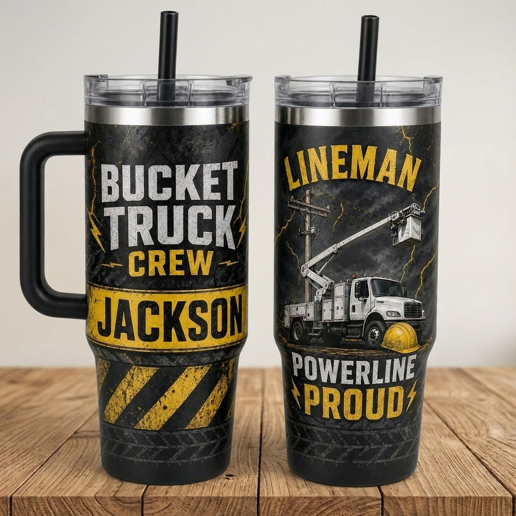 Personalized Lineman Bucket Truck Crew 40oz Tumbler with Handle - Custom Name Powerline Proud Gift