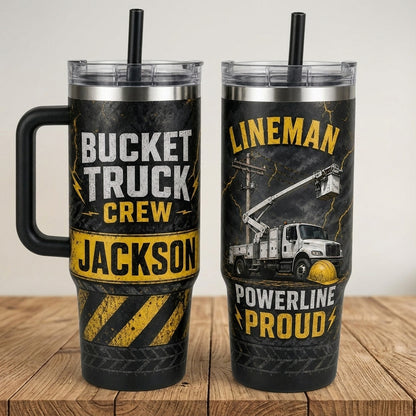 Personalized Lineman Bucket Truck Crew 40oz Tumbler with Handle - Custom Name Powerline Proud Gift