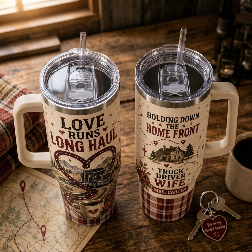 Personalized Truck Driver Wife 40oz Tumbler with Handle - Love Runs Long Haul Custom Name Travel Mug