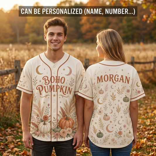 Personalized Boho Pumpkin Baseball Jersey - Custom Name Fall Floral Celestial Aesthetic Jersey Shirt for Women