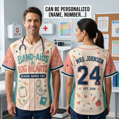 Personalized School Nurse Baseball Jersey - Band-Aids & Big Hearts Custom Name and Number Nursing Gift