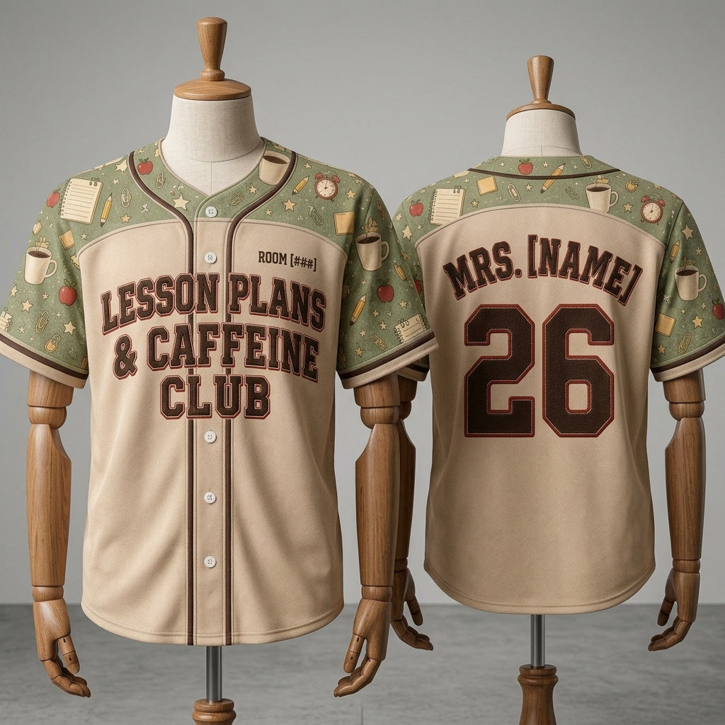 Personalized Teacher Baseball Jersey - Lesson Plans & Caffeine Club Custom Name and Room Number