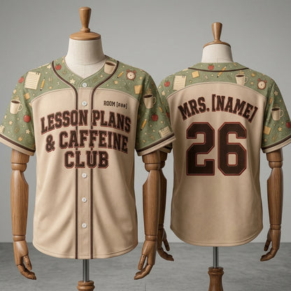Personalized Teacher Baseball Jersey - Lesson Plans & Caffeine Club Custom Name and Room Number