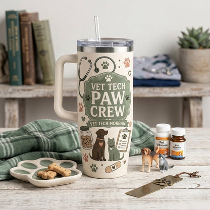 Personalized Vet Tech Paw Crew 40oz Tumbler with Handle - Custom Name Veterinary Gift for Animal Care Team