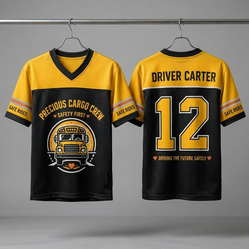 Personalized School Bus Driver Football Jersey - Custom Name & Number Precious Cargo Crew Mesh Shirt