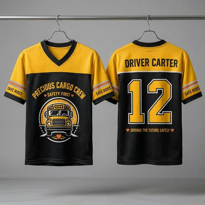 Personalized School Bus Driver Football Jersey - Custom Name & Number Precious Cargo Crew Mesh Shirt