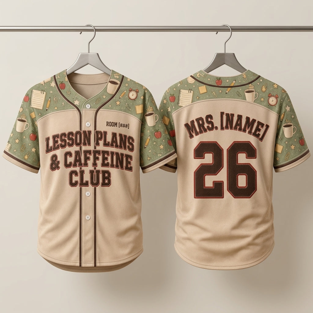 Personalized Teacher Baseball Jersey - Lesson Plans & Caffeine Club Custom Name and Room Number