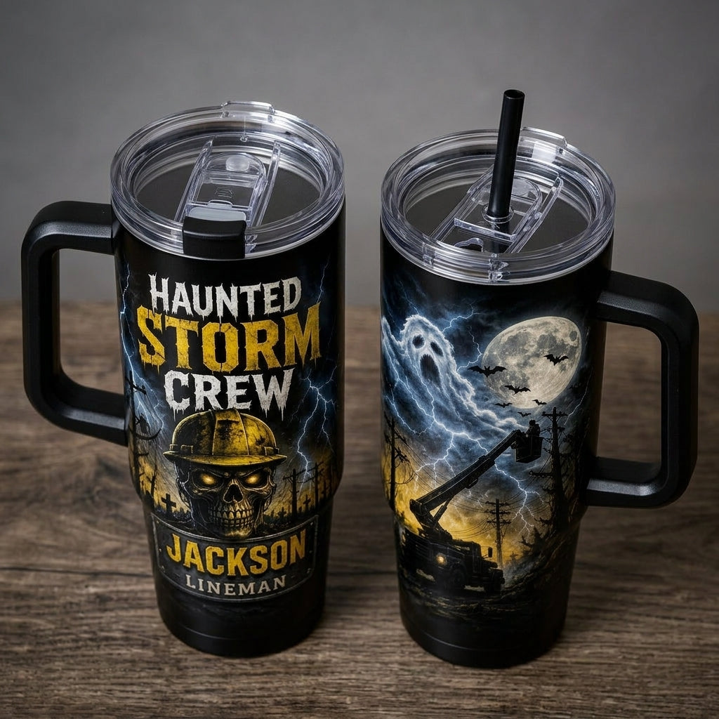 Personalized Haunted Storm Crew Lineman 40oz Tumbler with Handle, Custom Name Utility Worker Gift