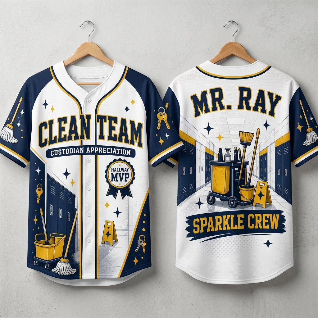 Personalized Clean Team Custodian Appreciation Baseball Jersey - Custom Name Sparkle Crew Hallway MVP Shirt