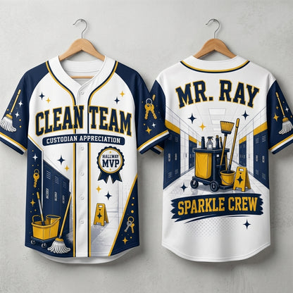 Personalized Clean Team Custodian Appreciation Baseball Jersey - Custom Name Sparkle Crew Hallway MVP Shirt