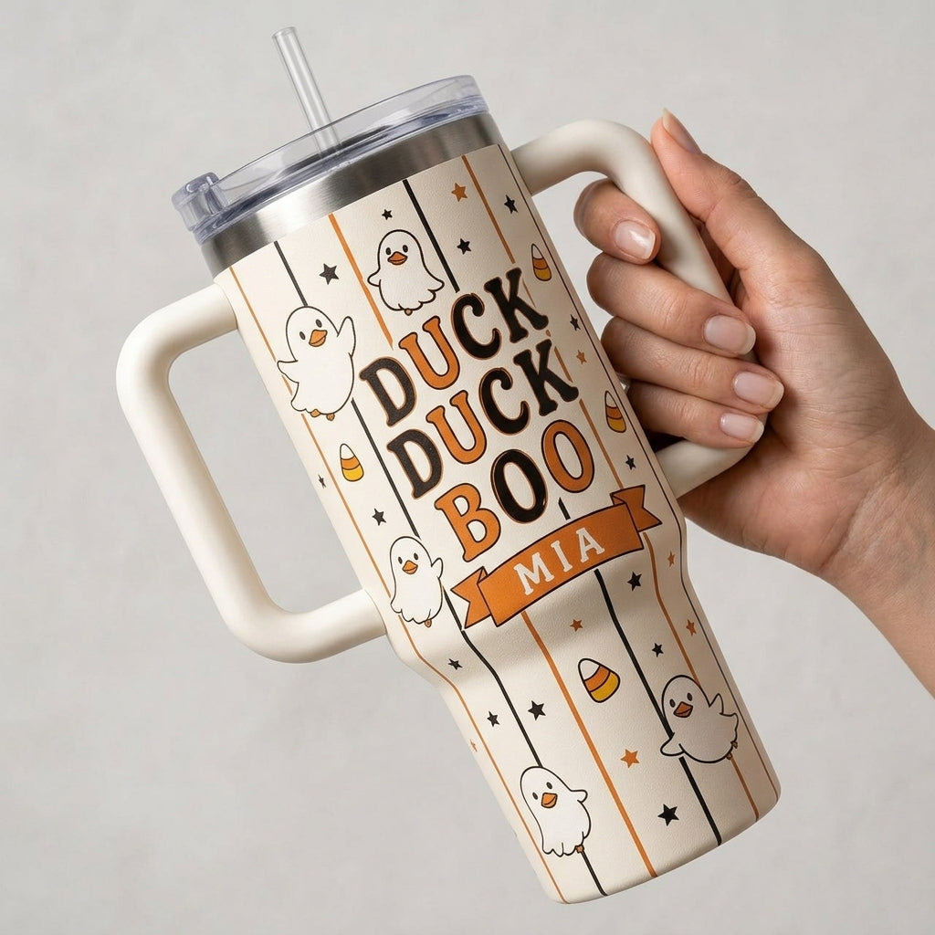 Personalized Duck Duck Boo Halloween 40oz Tumbler with Handle - Custom Name Ghost Duck Gift