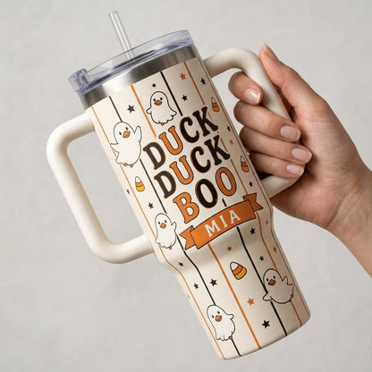 Personalized Duck Duck Boo Halloween 40oz Tumbler with Handle - Custom Name Ghost Duck Gift