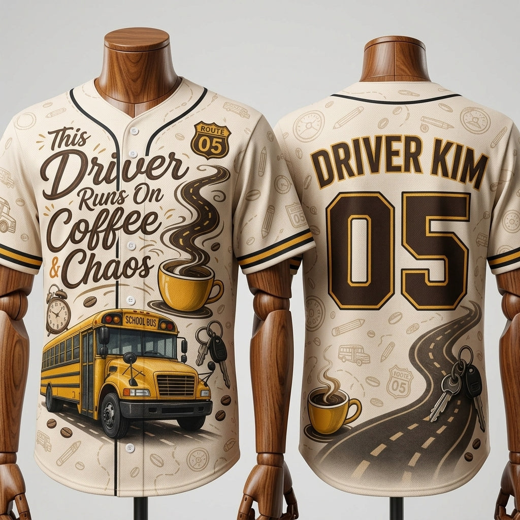Personalized School Bus Driver Baseball Jersey - Custom Name & Number Coffee and Chaos Shirt