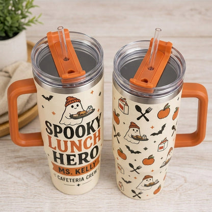 Personalized Spooky Lunch Hero 40oz Tumbler with Handle - Custom Cafeteria Crew Halloween Gift