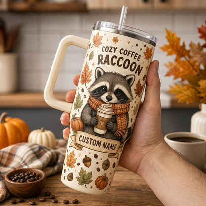 Personalized Cozy Coffee Raccoon 40oz Tumbler with Handle - Custom Fall Autumn Gift