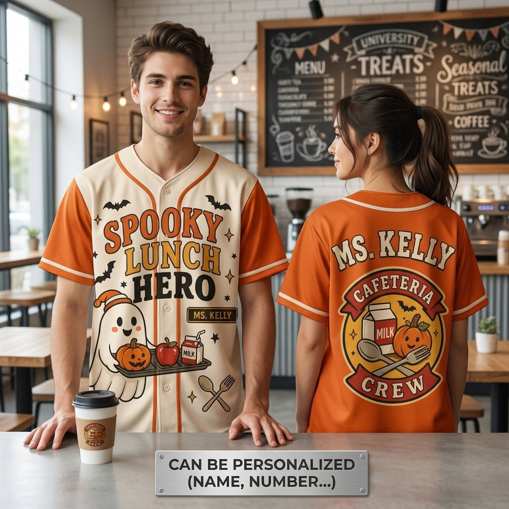 Personalized Spooky Lunch Hero Baseball Jersey - Custom Name Cafeteria Crew Halloween Ghost Shirt