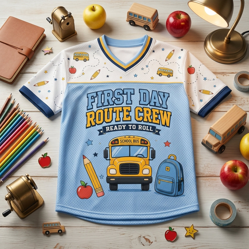 Personalized School Bus Driver Football Jersey - Custom Name & Number First Day Route Crew Mesh Shirt