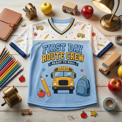 Personalized School Bus Driver Football Jersey - Custom Name & Number First Day Route Crew Mesh Shirt