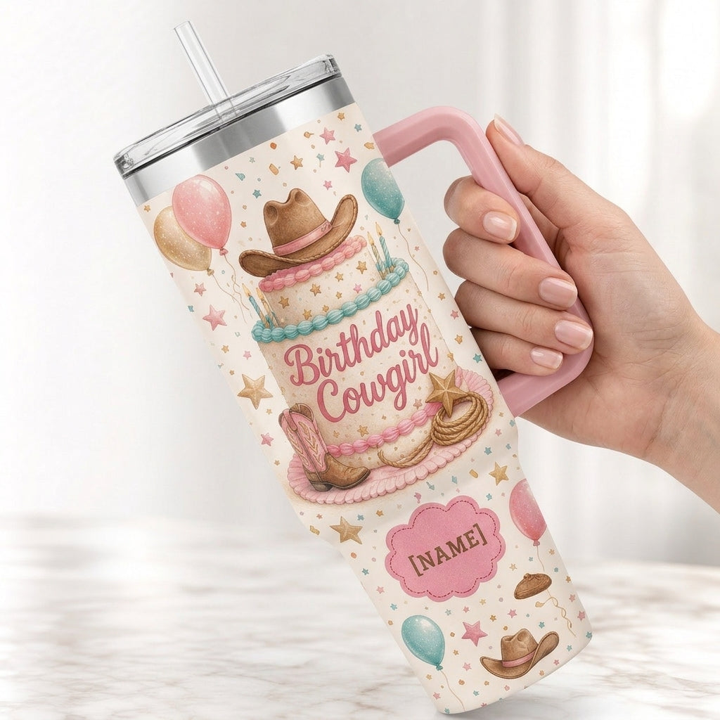Personalized Birthday Cowgirl 40oz Tumbler with Handle, Custom Name Western Theme Gift