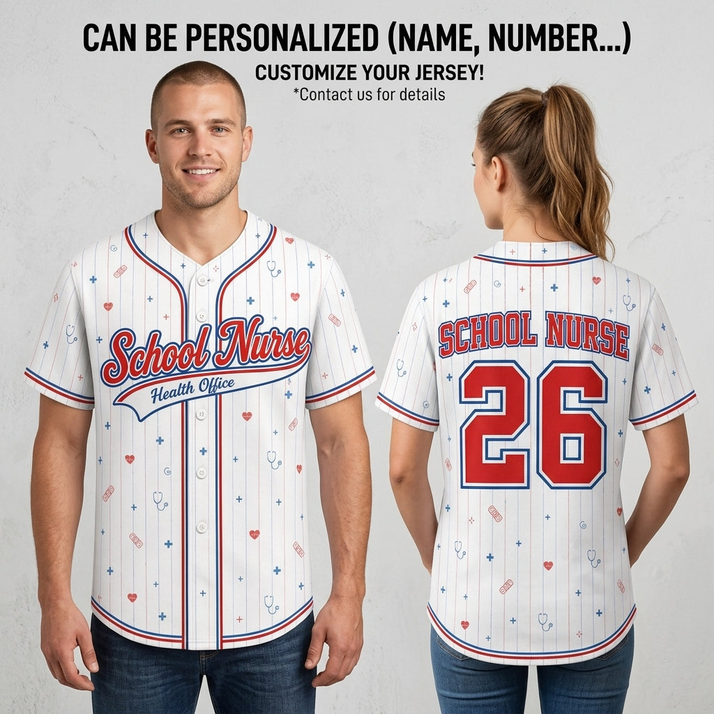 Personalized School Nurse Baseball Jersey - Custom Name & Number Medical Health Office Spirit Wear