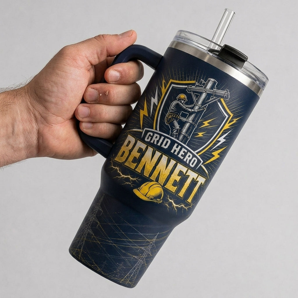 Personalized Lineman 40oz Tumbler with Handle, Custom Grid Hero Gift for Electrical Workers
