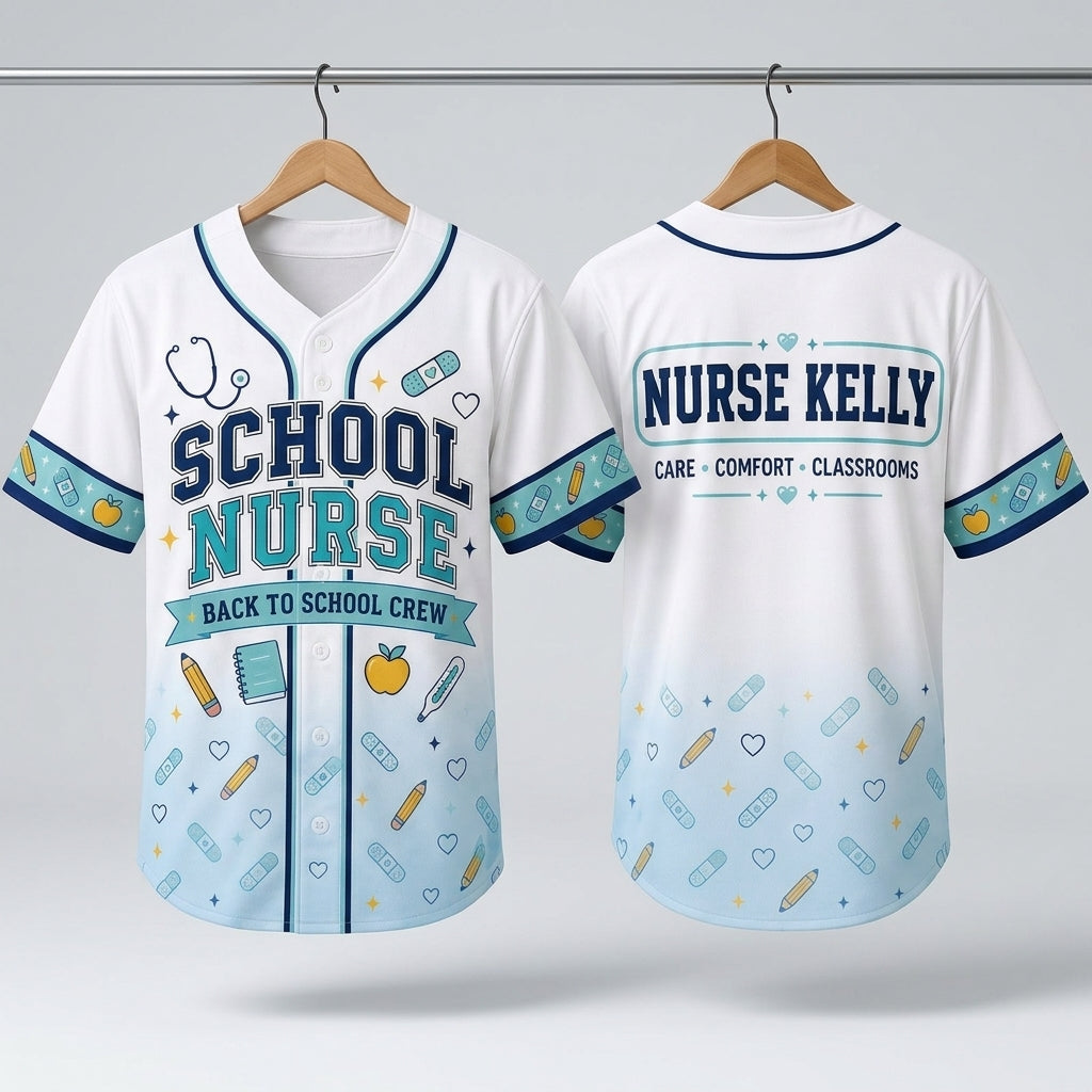 Personalized School Nurse Baseball Jersey - Custom Name Back to School Crew Athletic Shirt