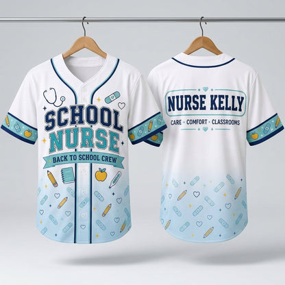 Personalized School Nurse Baseball Jersey - Custom Name Back to School Crew Athletic Shirt