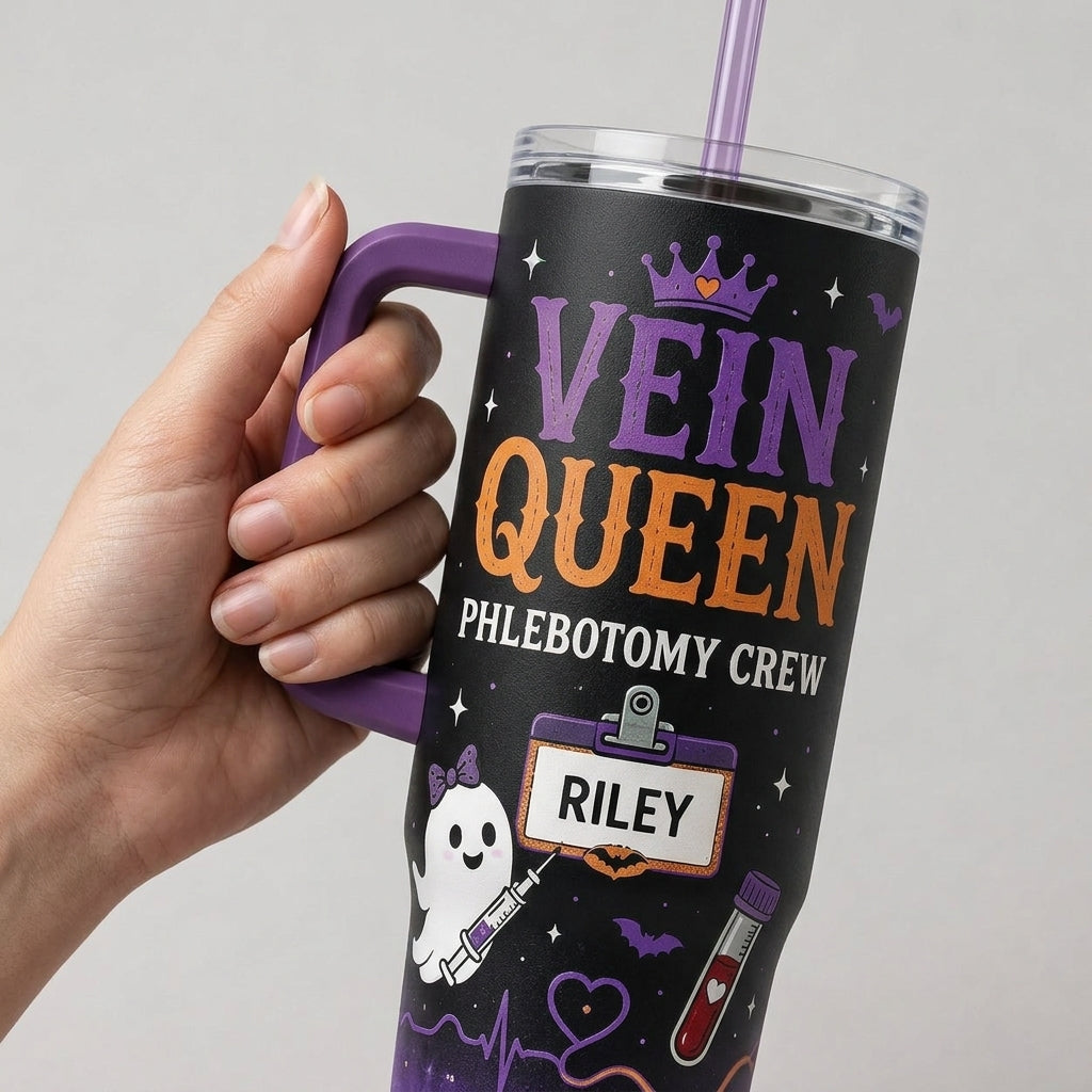Personalized Vein Queen Phlebotomy Crew 40oz Tumbler with Handle - Custom Name Spooky Ghost Halloween Gift
