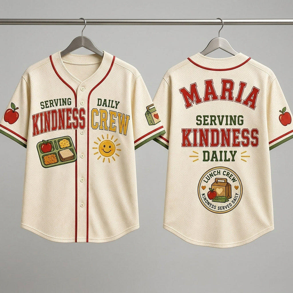 Personalized Lunch Crew Serving Kindness Daily Baseball Jersey - Custom Name Cafeteria Staff Gift