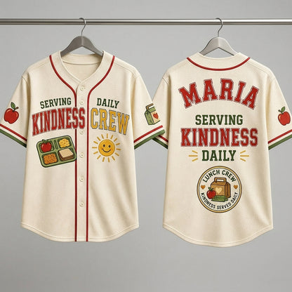 Personalized Lunch Crew Serving Kindness Daily Baseball Jersey - Custom Name Cafeteria Staff Gift