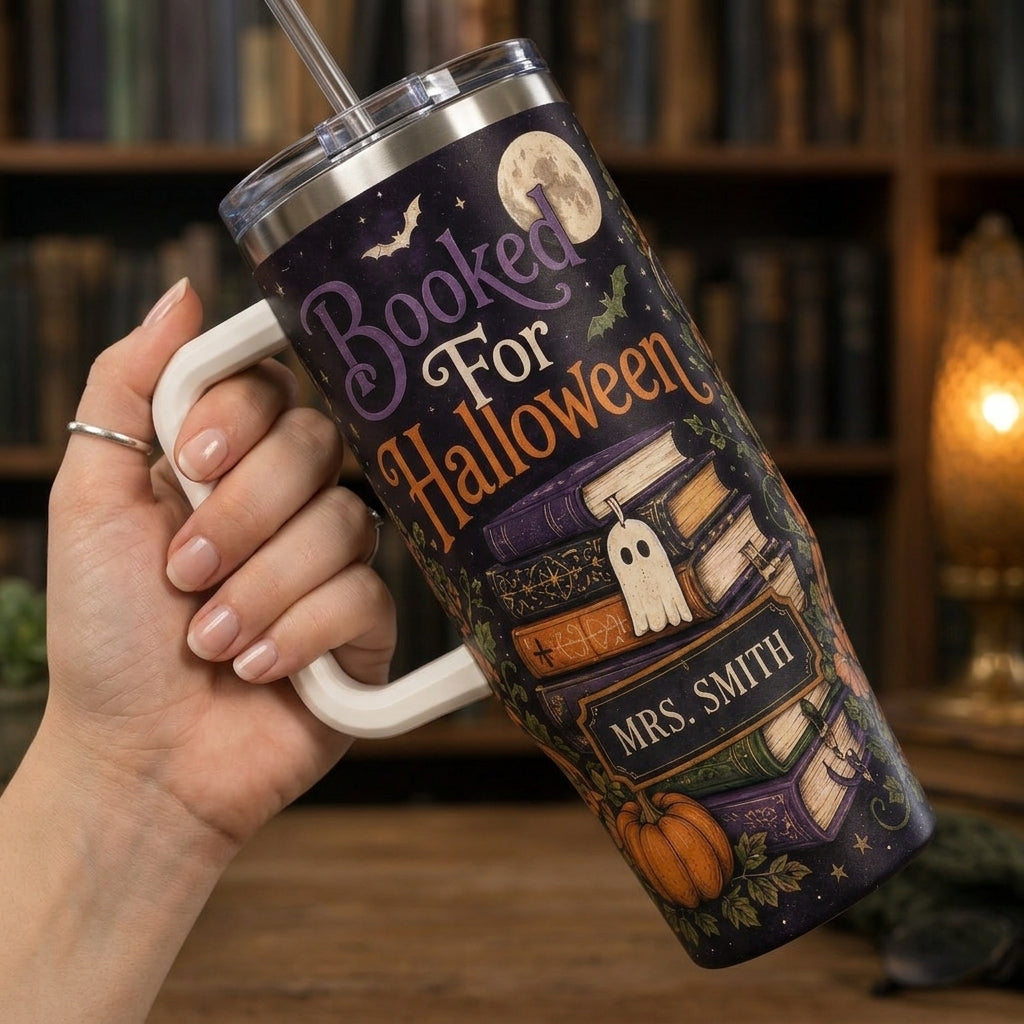 Personalized Booked For Halloween 40oz Tumbler with Handle, Custom Name Book Lover Gift for Teachers