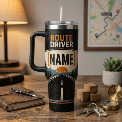 Personalized Route Driver 40oz Tumbler with Handle - Custom Name Delivery Driver Gift - Mile After Mile Travel Mug - 40oz tumbler mockup 3