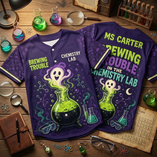 Personalized Brewing Trouble Chemistry Lab Baseball Jersey - Custom Name Science Teacher Spirit Wear