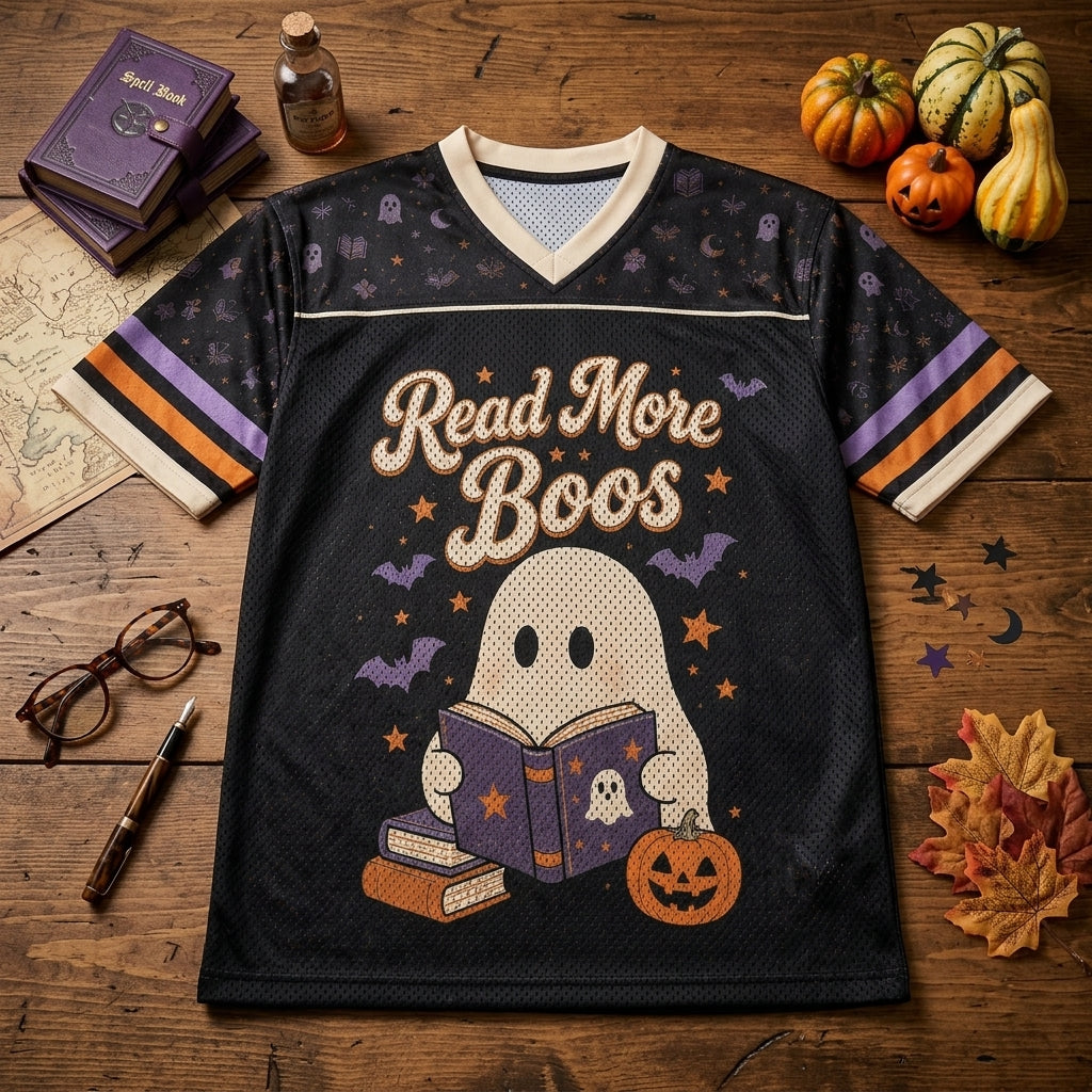 Personalized Read More Boos Halloween Football Jersey - Custom Name Ghost Book Lover Sporty Apparel