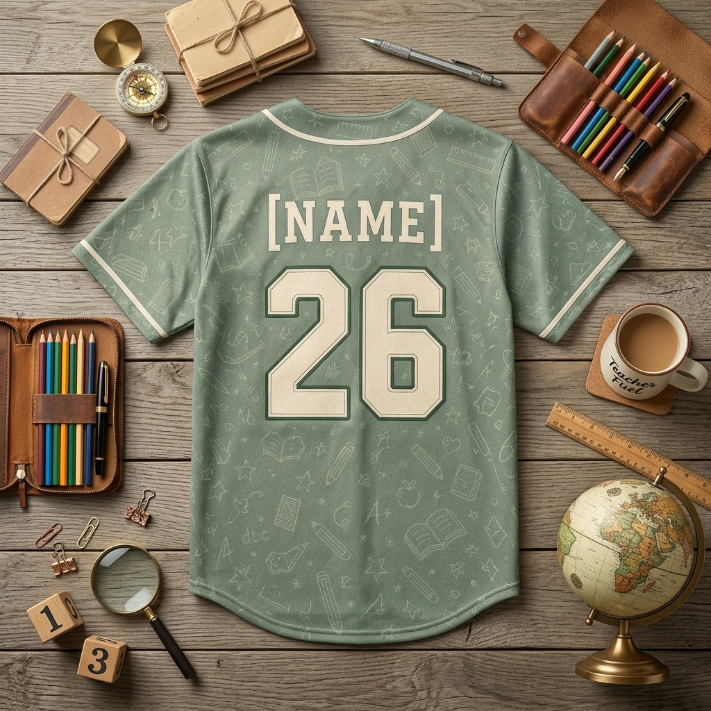 Personalized Grade Level Crew Baseball Jersey - Custom Teacher School Spirit Shirt with Name and Number - Sage Green