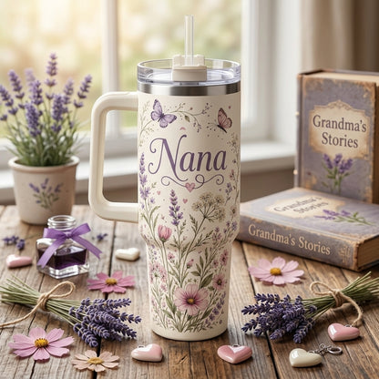Personalized Nana's Garden 40oz Tumbler with Handle, Custom Grandkids Names Wildflower Butterfly Floral Travel Mug
