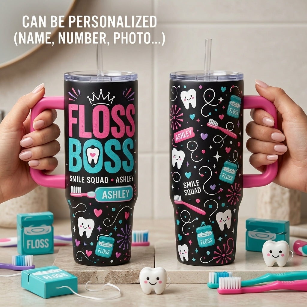 Personalized Floss Boss 40oz Tumbler with Handle - Custom Name Smile Squad Gift for Dental Hygienist
