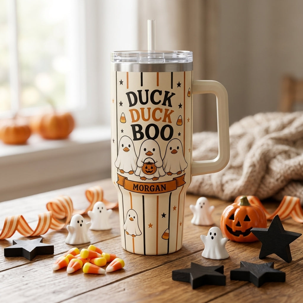 Personalized Duck Duck Boo 40oz Tumbler with Handle - Custom Halloween Ghost Ducks Travel Mug