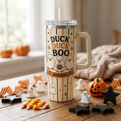 Personalized Duck Duck Boo 40oz Tumbler with Handle - Custom Halloween Ghost Ducks Travel Mug