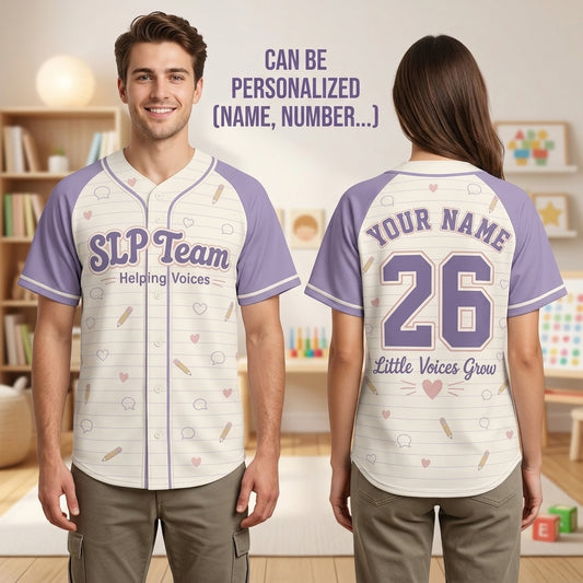 Personalized SLP Team Baseball Jersey - Custom Name and Number Speech Pathologist Gift