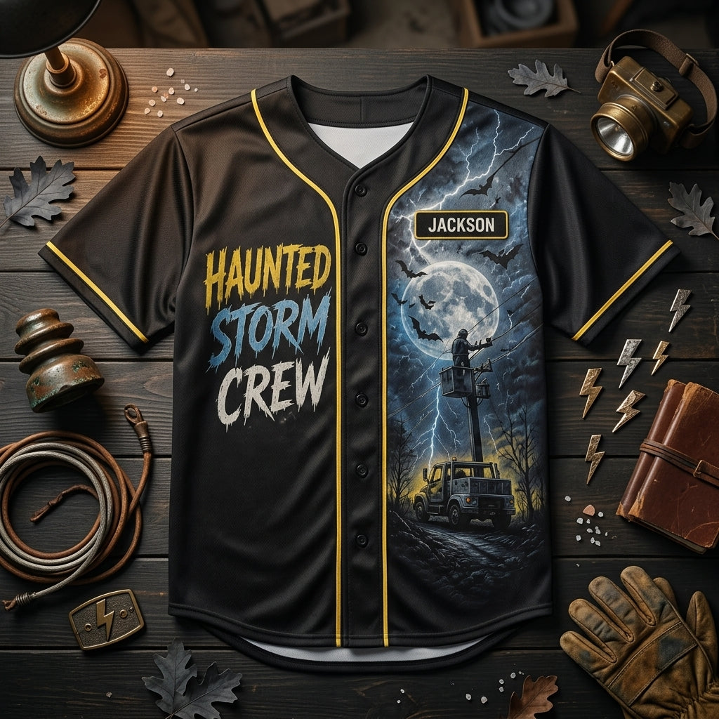 Personalized Haunted Storm Crew Lineman Baseball Jersey - Custom Name Utility Worker Gift