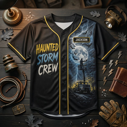 Personalized Haunted Storm Crew Lineman Baseball Jersey - Custom Name Utility Worker Gift