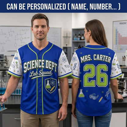 Personalized Science Teacher Baseball Jersey - Custom Name and Number Lab Squad STEM Gift