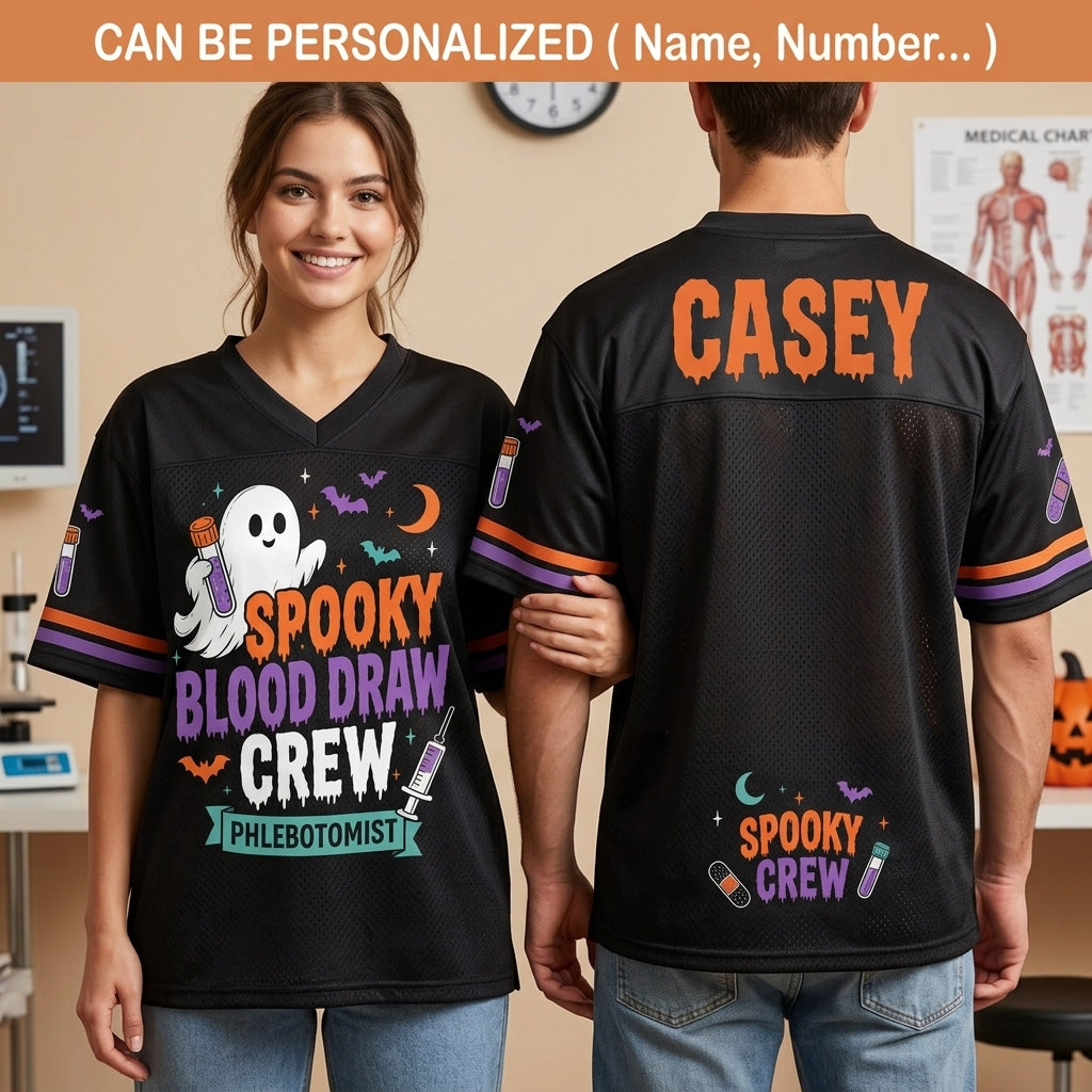 Personalized Spooky Blood Draw Crew Football Jersey - Custom Name Phlebotomist Halloween Mesh Shirt