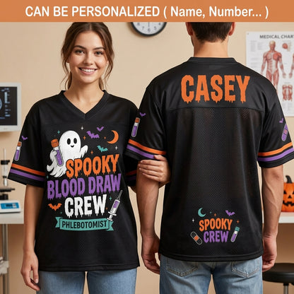 Personalized Spooky Blood Draw Crew Football Jersey - Custom Name Phlebotomist Halloween Mesh Shirt
