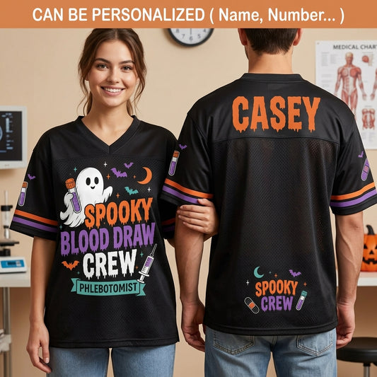 Personalized Spooky Blood Draw Crew Football Jersey - Custom Name Phlebotomist Halloween Mesh Shirt