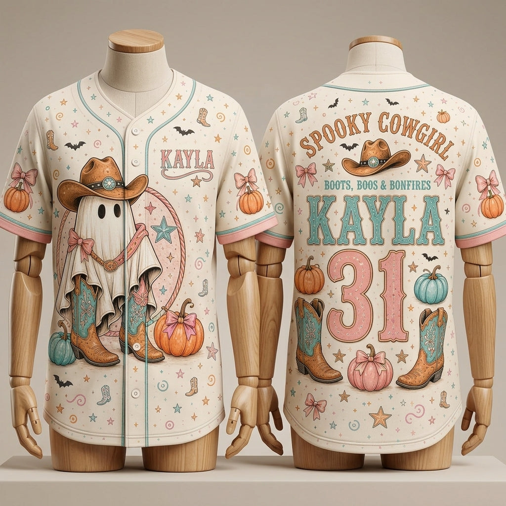 Personalized Spooky Cowgirl Baseball Jersey - Custom Name & Number Halloween Ghost Apparel for Women