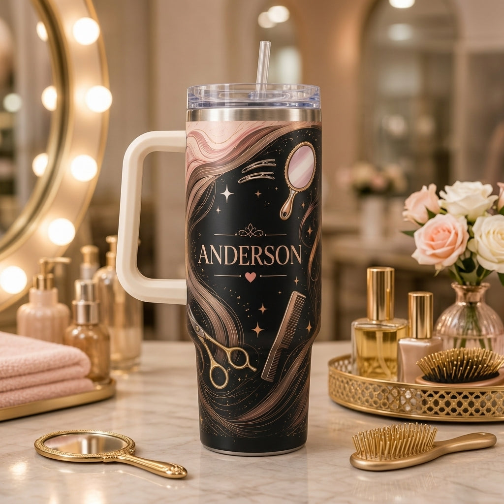 Personalized Chairside Magic Hairdresser 40oz Tumbler with Handle - Custom Name Gift for Stylists & Salon Pros - 40oz tumbler mockup 3