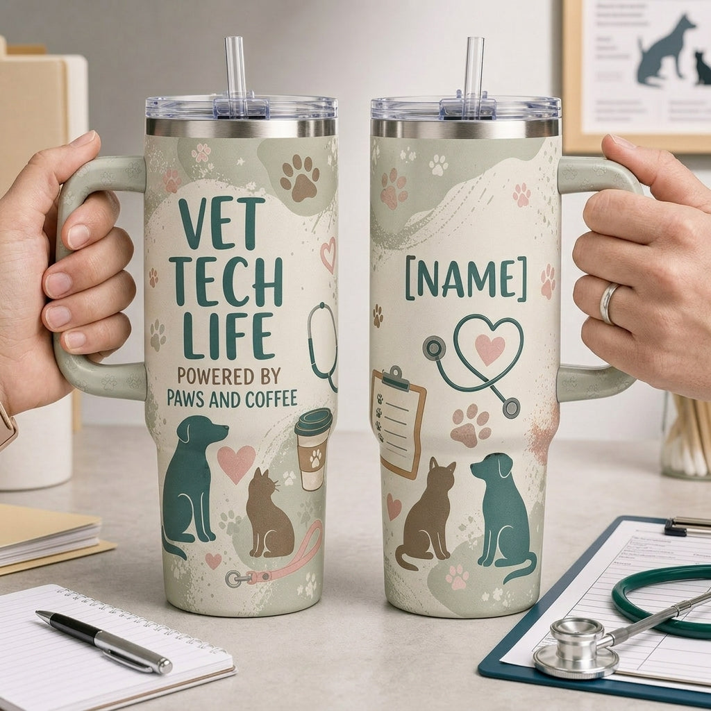 Personalized Vet Tech Life 40oz Tumbler with Handle - Custom Name Gift for Veterinary Technician - 40oz tumbler mockup 4