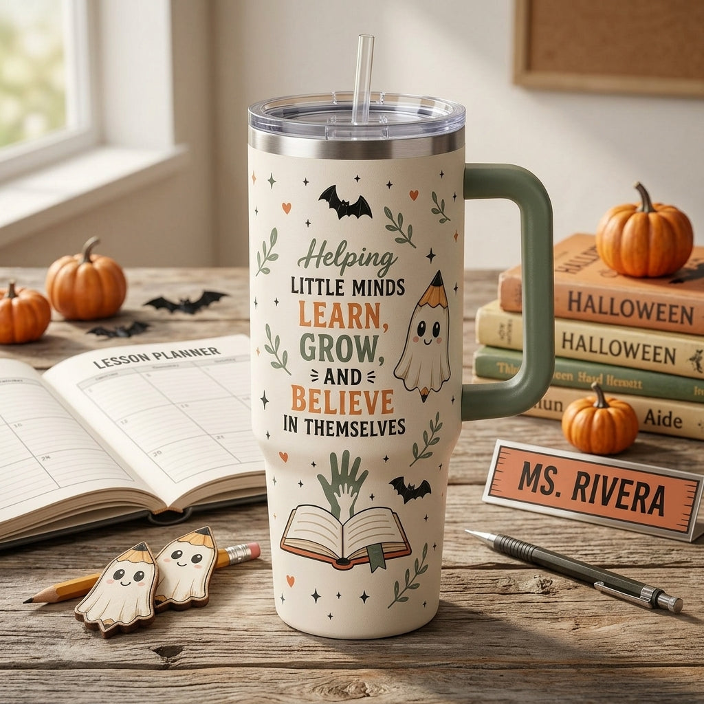 Personalized Spooky Support Classroom Aide 40oz Tumbler with Handle, Custom Halloween Gift for Teacher Aide